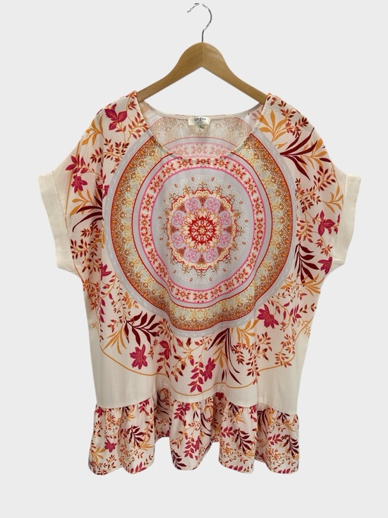 Umgee Tops - Umgee Medallion Mandala Floral Tunic Top Oversized Ruffle Hem Boho Artisan M